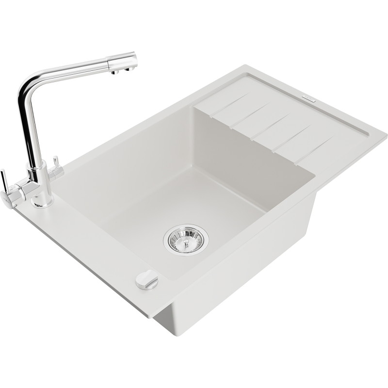 Mexen Elias 1-bowl granite sink with drainer and Duero kitchen faucet, white - 6511-20-671600-00