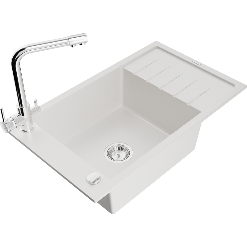 Mexen Elias 1-compartment granite sink with a drip tray and kitchen mixer tap Duero, White - 6511-20-671600-00