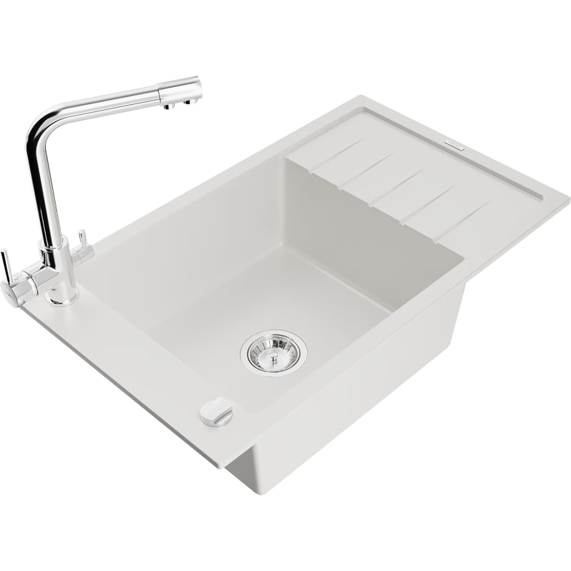 Mexen Elias Granite Single-Bowl Sink with Drainer and Duero Kitchen Faucet, White - 6511-20-671600-00