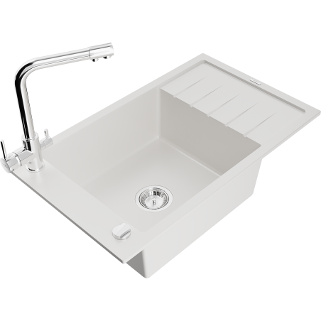 Mexen Elias 1-bowl granite sink with drainer and Duero kitchen faucet, white - 6511-20-671600-00