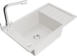 Mexen Elias 1-bowl granite sink with drainer and Duero kitchen faucet, white - 6511-20-671600-00