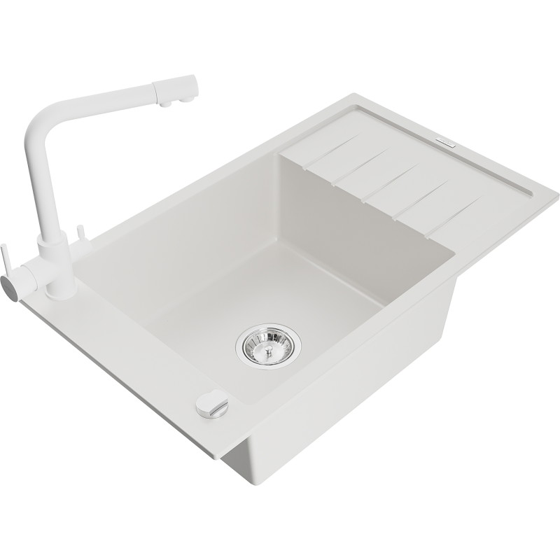 Mexen Elias granite sink 1-bowl with drainer and Duero kitchen faucet, white - 6511-20-671600-20