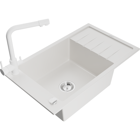 Mexen Elias 1-compartment granite sink with a drip tray and kitchen mixer tap Duero, White - 6511-20-671600-20