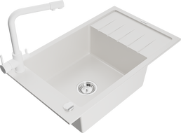 Mexen Elias 1-compartment granite sink with a drip tray and kitchen mixer tap Duero, White - 6511-20-671600-20