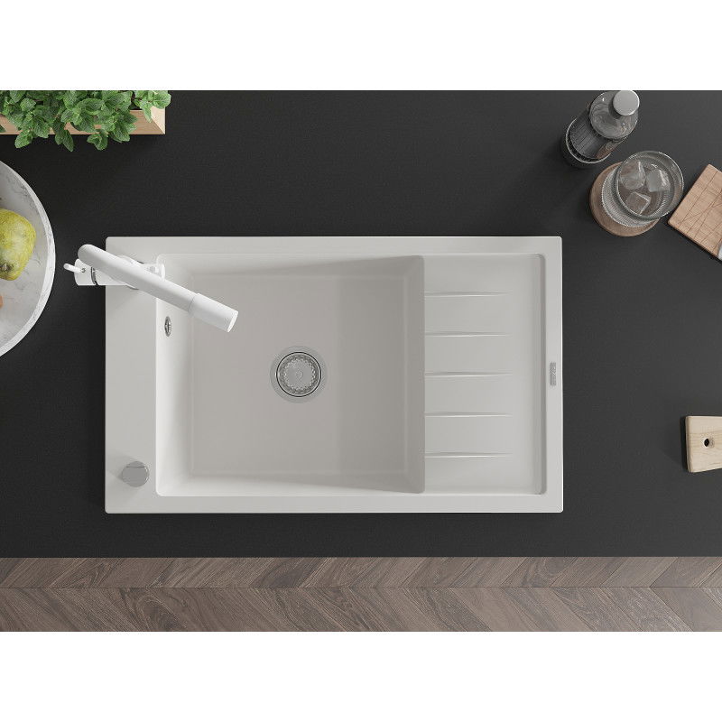 Mexen Elias granite sink 1-bowl with drainer and Duero kitchen tap, white - 6511-20-671600-20