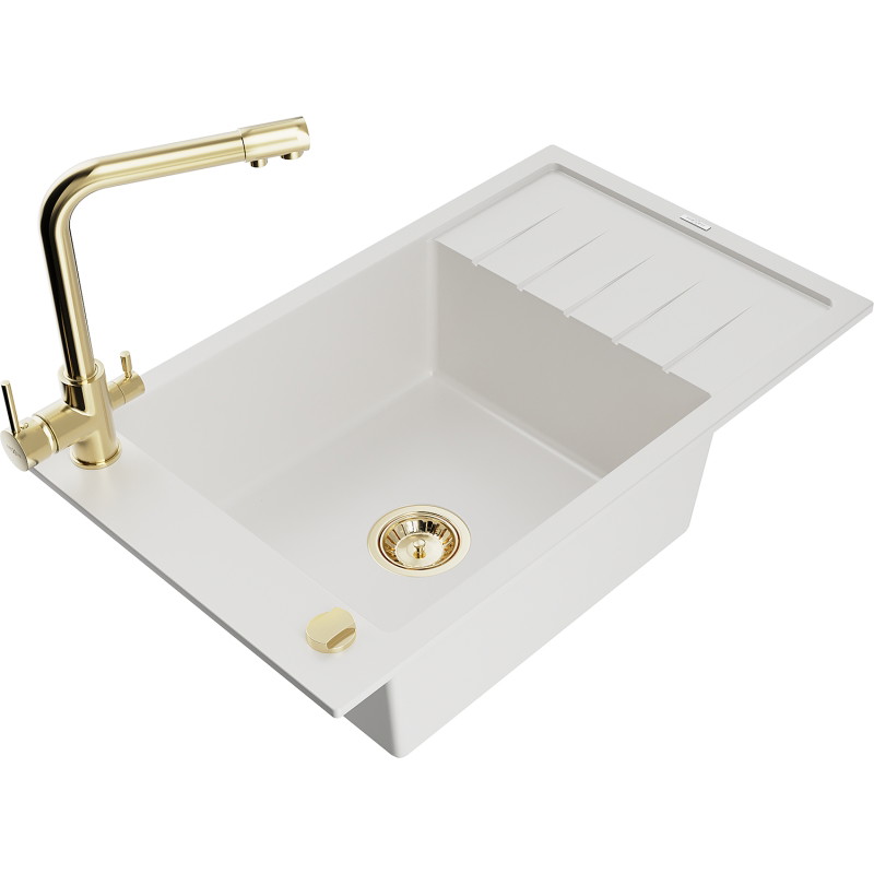 Mexen Elias 1-chamber granite sink with drainer and Duero kitchen faucet, white - 6511-20-671600-50