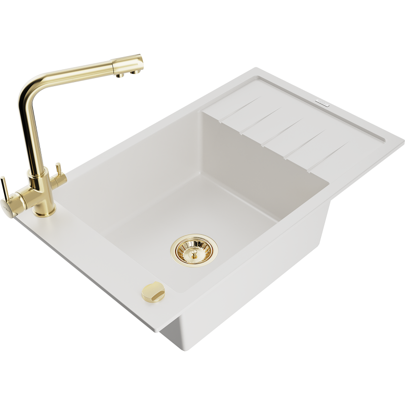 Mexen Elias 1-compartment granite sink with a drip tray and kitchen mixer tap Duero, White - 6511-20-671600-50