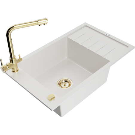 Mexen Elias 1-bowl granite sink with drainer and Duero kitchen faucet, white - 6511-20-671600-50