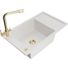 Mexen Elias 1-bowl granite sink with drainer and Duero kitchen tap, white - 6511-20-671600-50