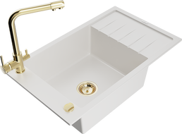 Mexen Elias 1-bowl granite sink with drainer and Duero kitchen tap, white - 6511-20-671600-50