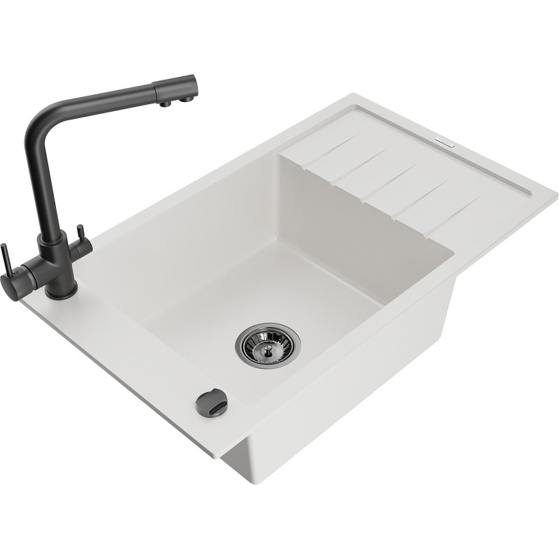 Mexen Elias granite kitchen sink 1-bowl with drainer and kitchen faucet Duero, white - 6511-20-671600-70