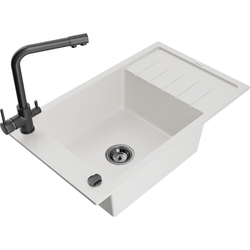 Mexen Elias granite sink 1-bowl with drainer and Duero kitchen tap, white - 6511-20-671600-70