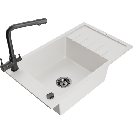 Mexen Elias granite kitchen sink 1-bowl with drainer and kitchen faucet Duero, white - 6511-20-671600-70