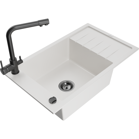 Mexen Elias granite single-bowl sink with drainer and kitchen faucet Duero, white - 6511-20-671600-70