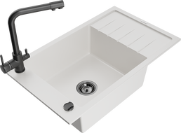 Mexen Elias granite sink 1-bowl with drainer and Duero kitchen tap, white - 6511-20-671600-70