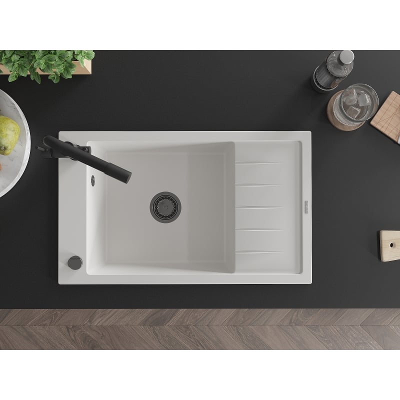 Mexen Elias granite single-bowl sink with drainer and kitchen faucet Duero, white - 6511-20-671600-70