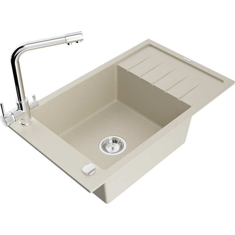 Mexen Elias granite kitchen sink 1-bowl with drainer and Duero kitchen faucet, beige - 6511-69-671600-00
