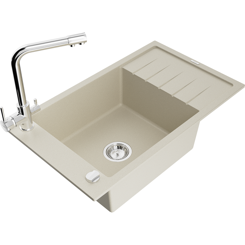 Mexen Elias granite sink 1-bowl with drainer and Duero kitchen tap, beige - 6511-69-671600-00