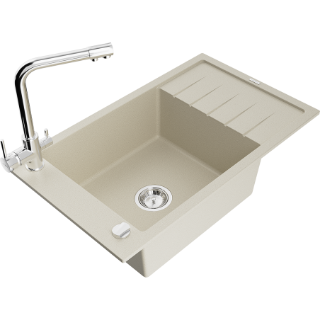 Mexen Elias granite kitchen sink 1-bowl with drainer and Duero kitchen faucet, beige - 6511-69-671600-00