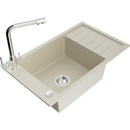 Mexen Elias granite kitchen sink 1-bowl with drainer and Duero kitchen tap, beige - 6511-69-671600-00