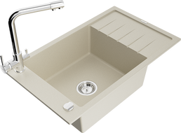 Mexen Elias 1-compartment granite sink with a drip tray and kitchen mixer tap Duero, Beige - 6511-69-671600-00