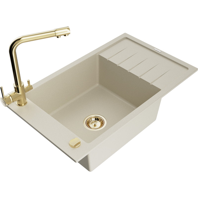 Mexen Elias granite kitchen sink 1-bowl with drainer and Duero kitchen faucet, beige - 6511-69-671600-50