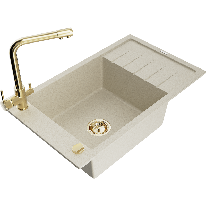 Mexen Elias granite sink with 1 bowl, drainer and Duero kitchen tap, beige - 6511-69-671600-50