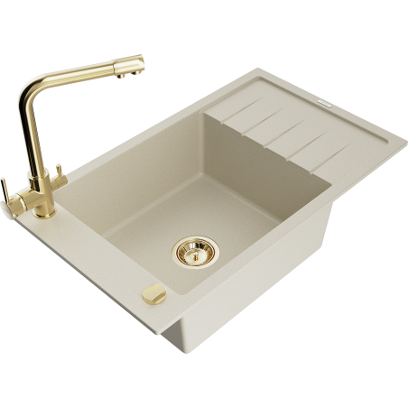 Mexen Elias granite kitchen sink 1-bowl with drainer and Duero kitchen faucet, beige - 6511-69-671600-50