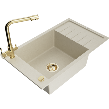 Mexen Elias granite sink with 1 bowl, drainer and Duero kitchen tap, beige - 6511-69-671600-50