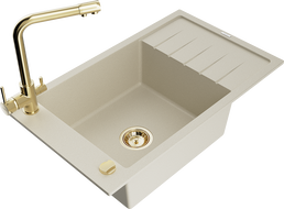 Mexen Elias 1-compartment granite sink with a drip tray and kitchen mixer tap Duero, Beige - 6511-69-671600-50