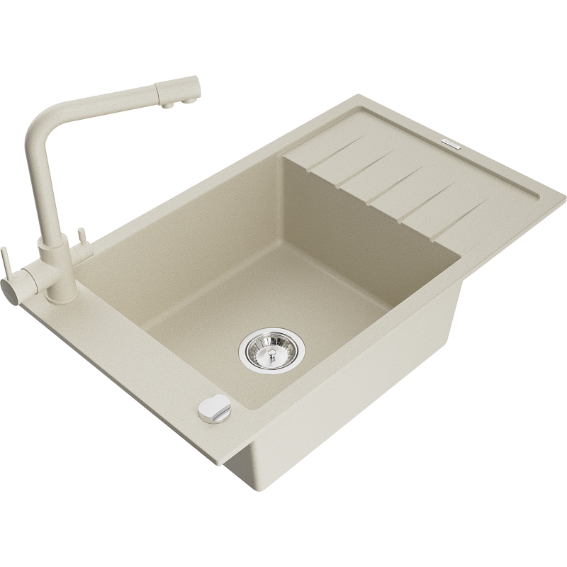 Mexen Elias 1-compartment granite sink with a drip tray and kitchen mixer tap Duero, Beige - 6511-69-671600-69