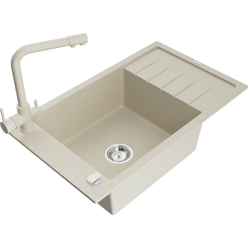 Mexen Elias granite sink 1-bowl with drainer and Duero kitchen tap, beige - 6511-69-671600-69