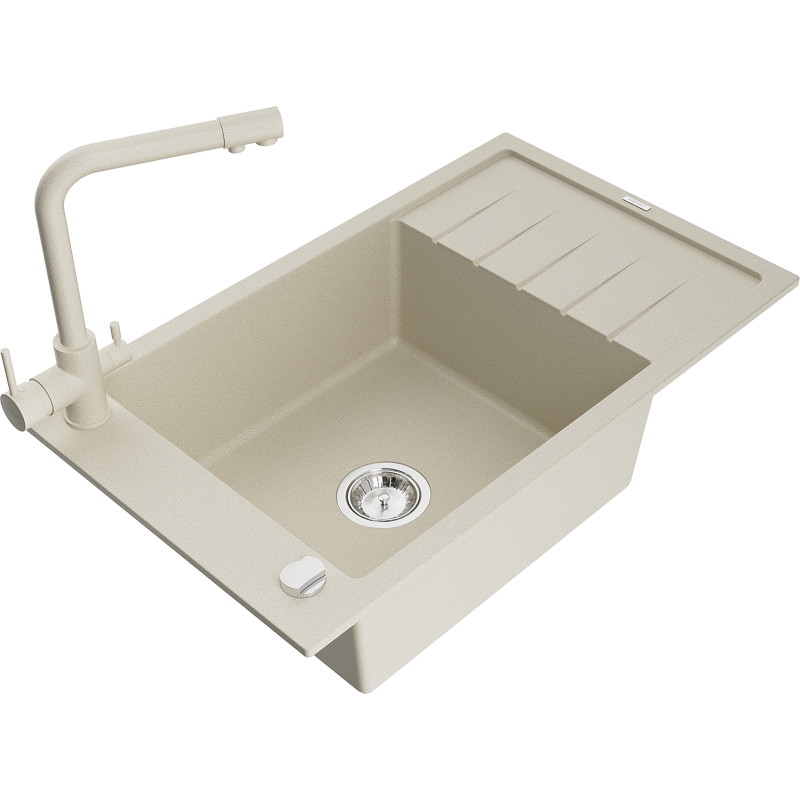 Mexen Elias single-basin granite sink with drainer and Duero kitchen faucet, beige - 6511-69-671600-69