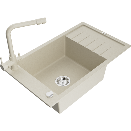 Mexen Elias 1-compartment granite sink with a drip tray and kitchen mixer tap Duero, Beige - 6511-69-671600-69