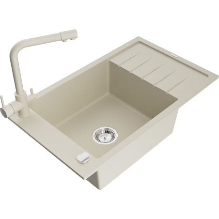 Mexen Elias granite sink 1-bowl with drainer and Duero kitchen tap, beige - 6511-69-671600-69