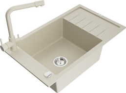 Mexen Elias 1-compartment granite sink with a drip tray and kitchen mixer tap Duero, Beige - 6511-69-671600-69
