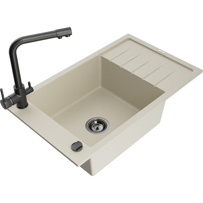 Mexen Elias one-bowl granite sink with drainer and kitchen faucet Duero, beige - 6511-69-671600-70