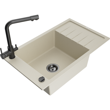 Mexen Elias granite kitchen sink single-bowl with drainer and Duero kitchen faucet, beige - 6511-69-671600-70