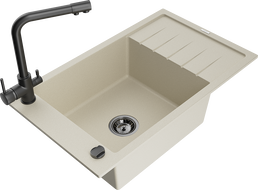 Mexen Elias single-bowl granite sink with drainer and Duero kitchen tap, beige - 6511-69-671600-70