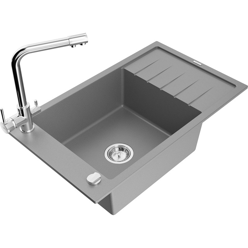 Mexen Elias 1-bowl granite sink with drainer and Duero kitchen faucet, gray - 6511-71-671600-00