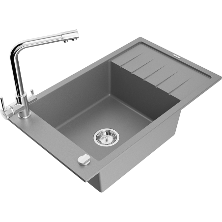Mexen Elias 1-bowl granite sink with drainer and Duero kitchen faucet, gray - 6511-71-671600-00