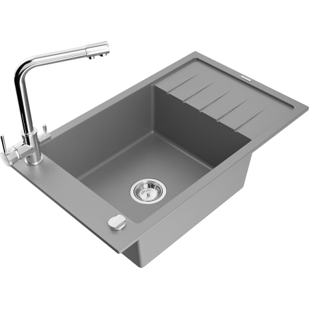 Mexen Elias granite single-bowl sink with drainer and Duero kitchen faucet, gray - 6511-71-671600-00