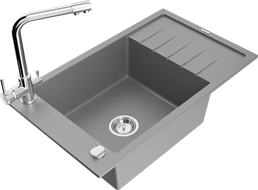 Mexen Elias granite single-bowl sink with drainer and Duero kitchen faucet, gray - 6511-71-671600-00