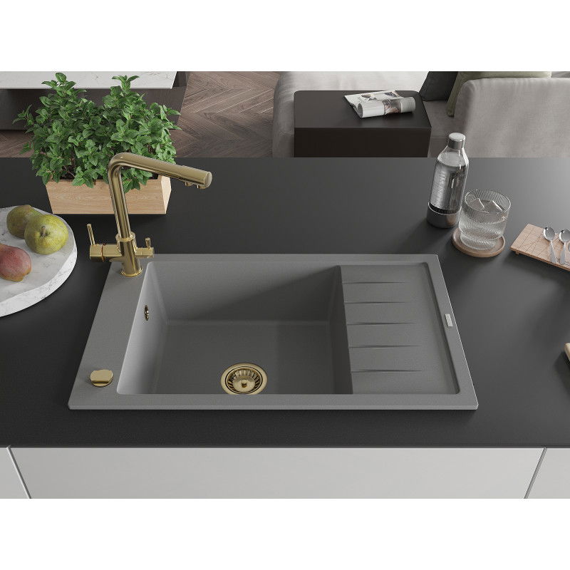 Mexen Elias granite sink 1-bowl with drainer and Duero kitchen tap, grey - 6511-71-671600-50