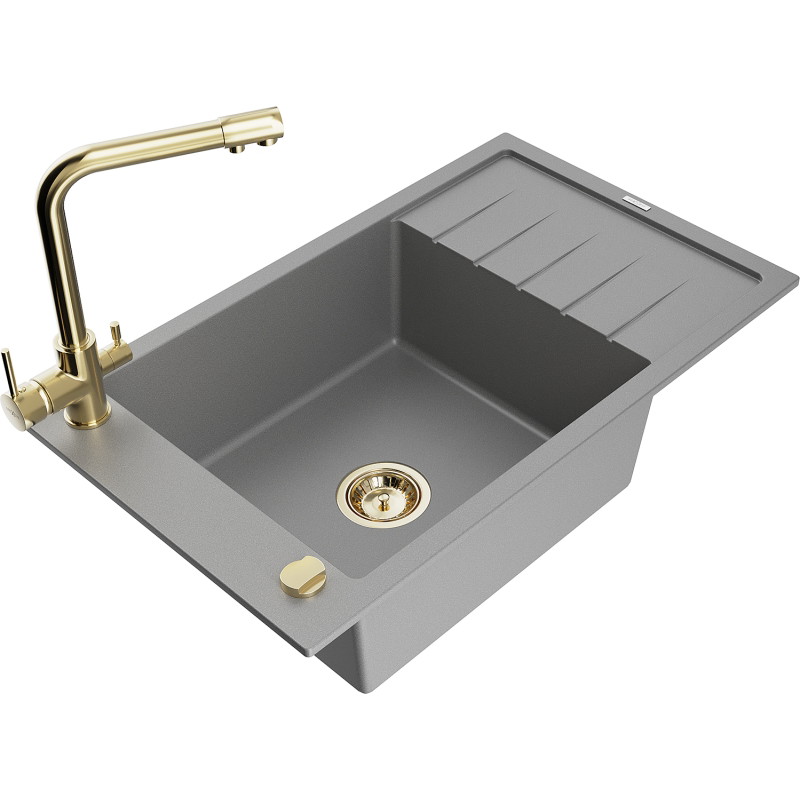 Mexen Elias 1-bowl granite sink with drainer and Duero kitchen faucet, gray - 6511-71-671600-50