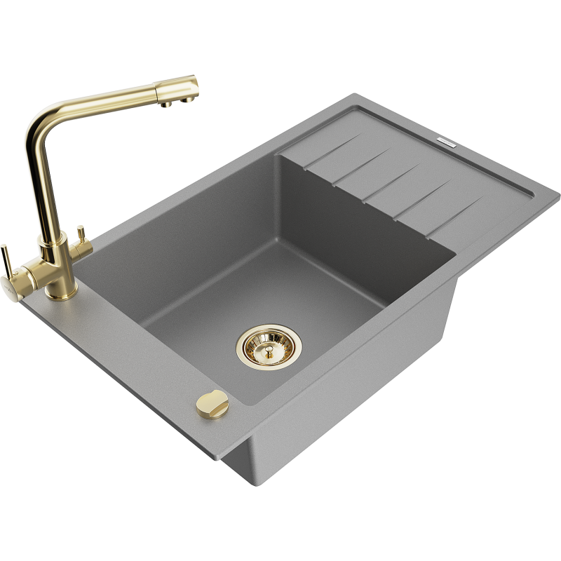 Mexen Elias 1-compartment granite sink with a drip tray and kitchen mixer tap Duero, Grey - 6511-71-671600-50
