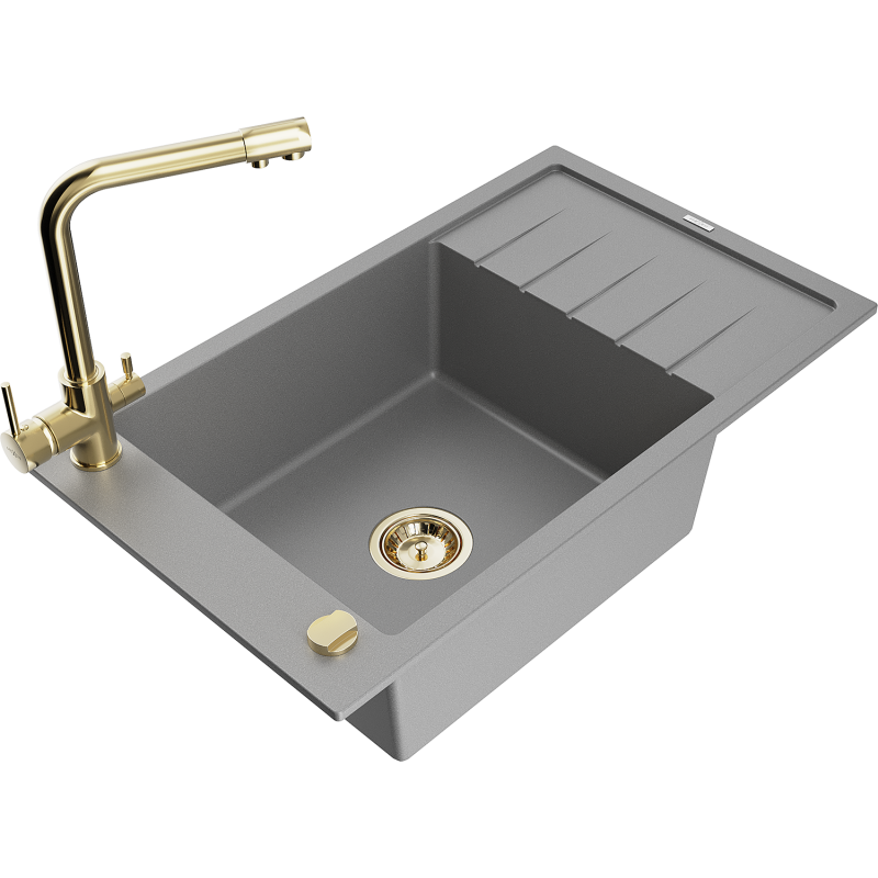 Mexen Elias granite sink 1-bowl with drainer and Duero kitchen tap, grey - 6511-71-671600-50