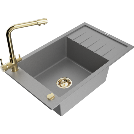 Mexen Elias 1-bowl granite sink with drainer and Duero kitchen faucet, gray - 6511-71-671600-50