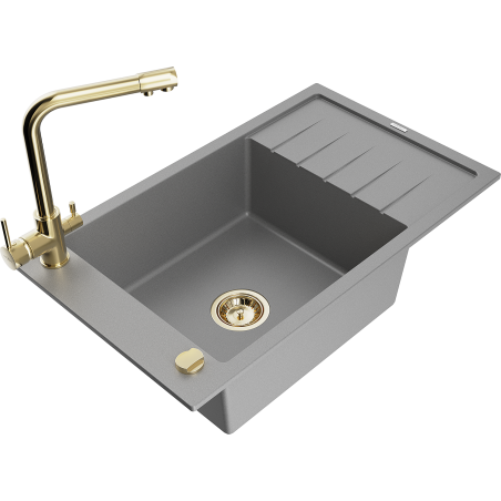 Mexen Elias 1-compartment granite sink with a drip tray and kitchen mixer tap Duero, Grey - 6511-71-671600-50