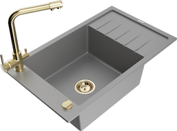 Mexen Elias 1-bowl granite sink with drainer and Duero kitchen faucet, gray - 6511-71-671600-50